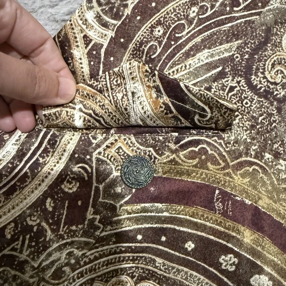 Chicos Size 1 Brown Paisley Design Suit Shiny Dressy Lined Blazer Jacket Festiva